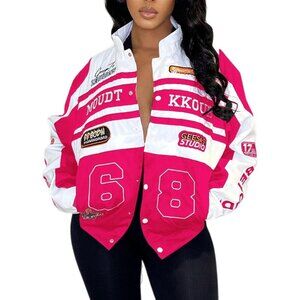 Women Varsity Jacket Motorcycle Racer Detachable Letter Graphic Jackets Rose